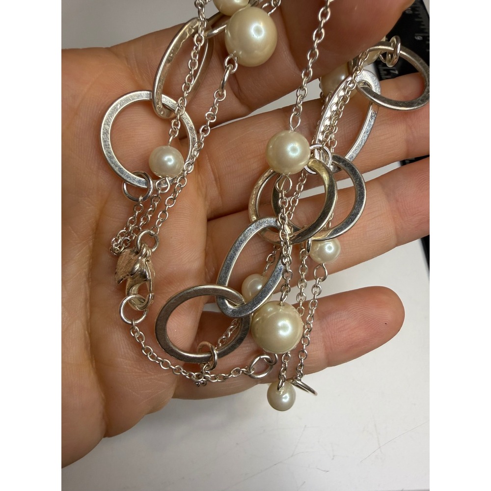 Silver Tone Faux Pearl Station Long Necklace Mixed Link Circle Oval 36 Inch